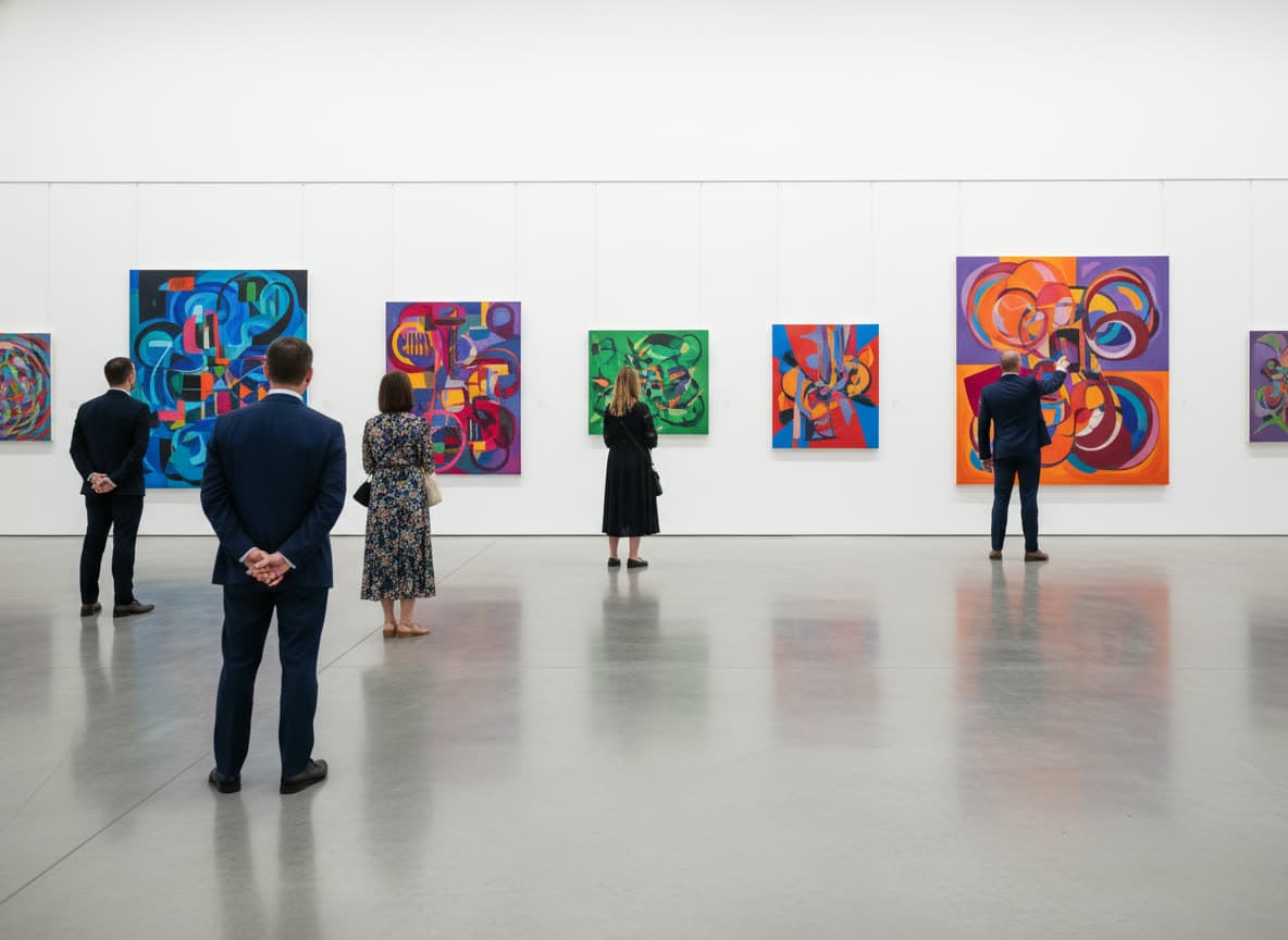 Visitors in a white gallery looking at large colourful canvases