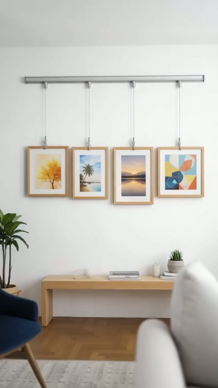 Four framed prints hanging from one rail on Perlon cords