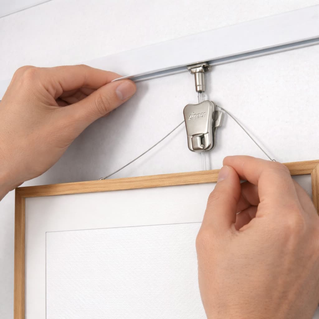Resting the hanging wire of a frame on a Zipper hook below the rail