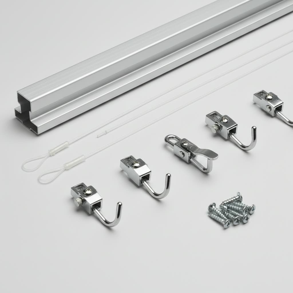 The parts laid out: a length of rail, cords, hooks and fixing screws