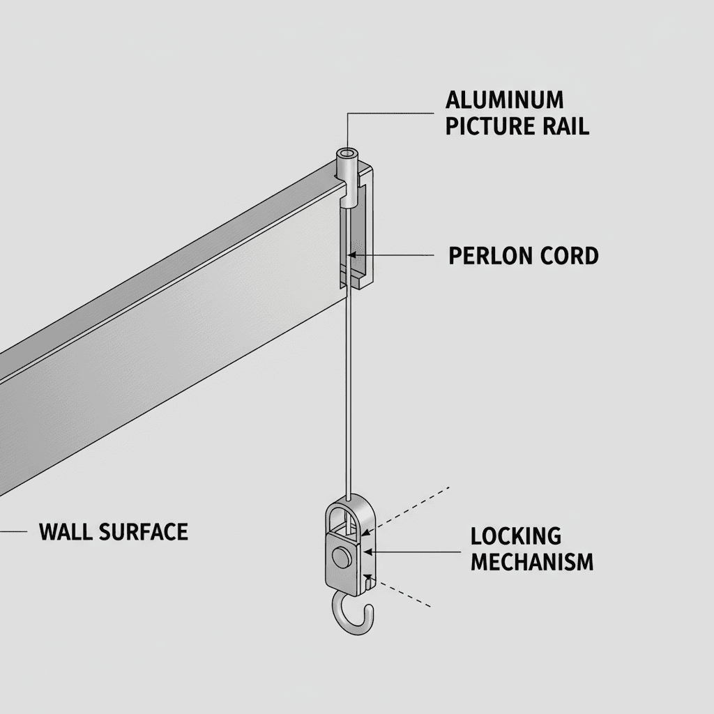 Section drawing: the Perlon cord runs down from inside the aluminium rail to a locking hook